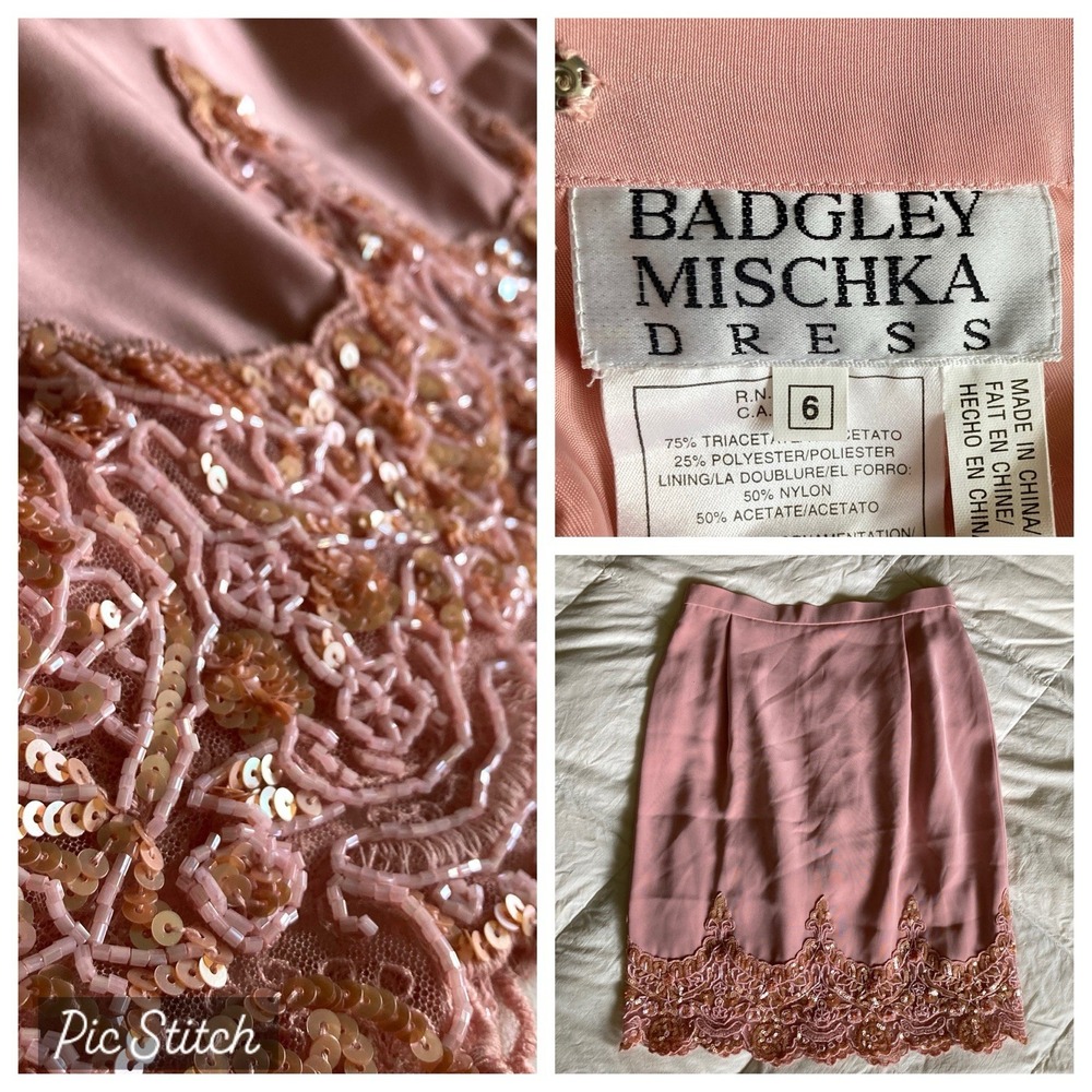 Vtg Badgley Mischka Pencil Skirt 6 Rose Pink Sequin Beaded Coquette Glamour EUC